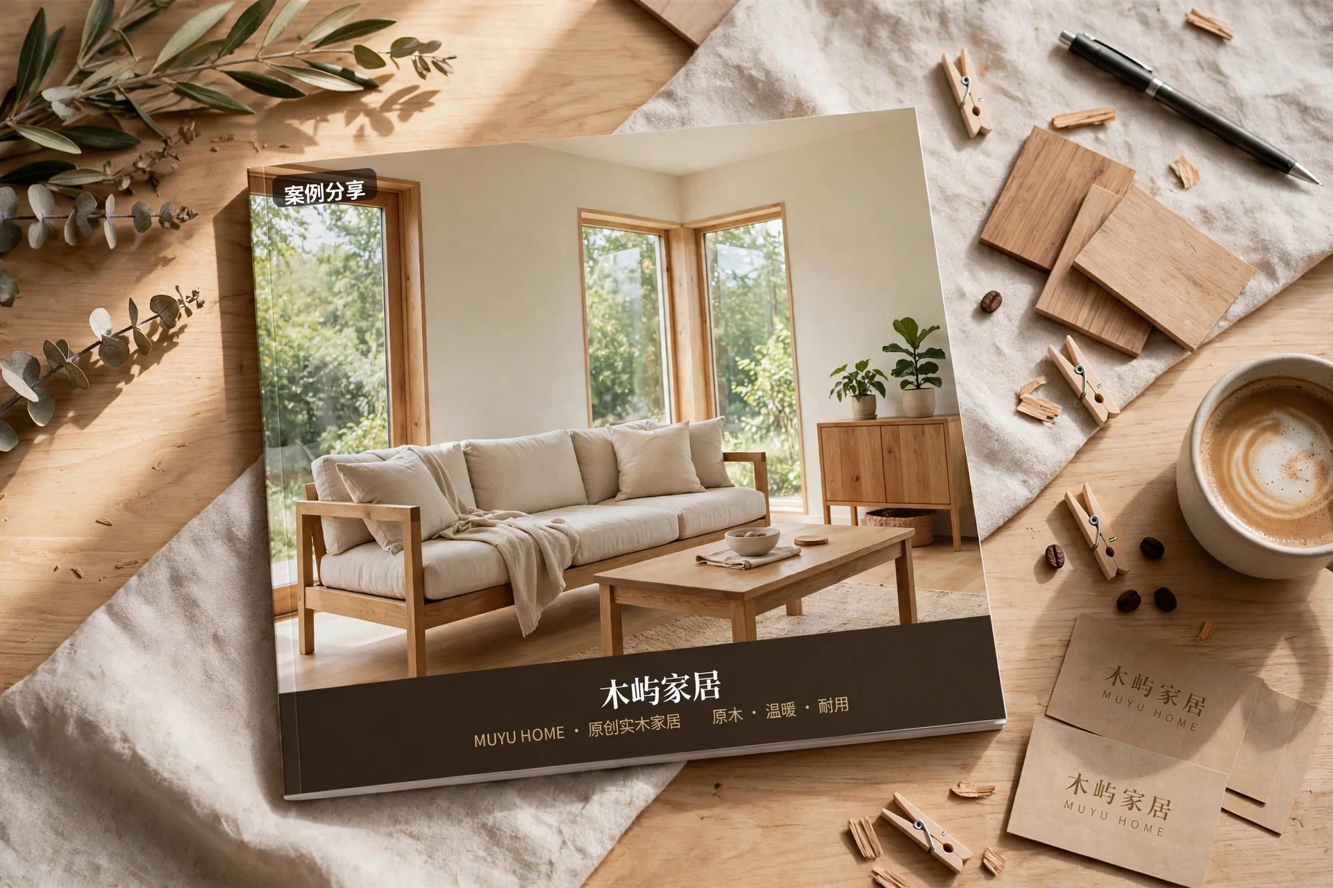 木屿家居 MUYU HOME 品牌画册渲染图：画册平放于木桌亚麻布上，封面为原木客厅主视觉，配绿植、木片与咖啡