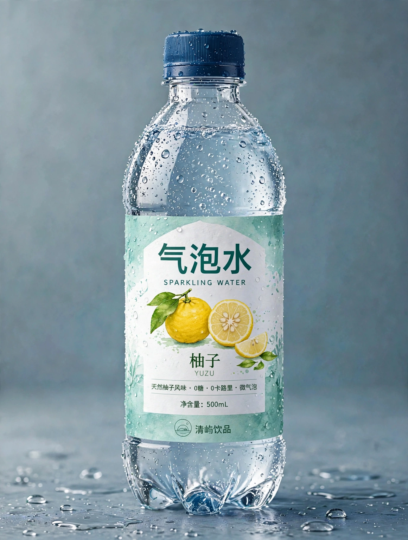 柚子味气泡水整瓶成品，瓶盖到瓶底完整可见，水青色水彩标签底部印有清屿饮品圆形字标与公司名